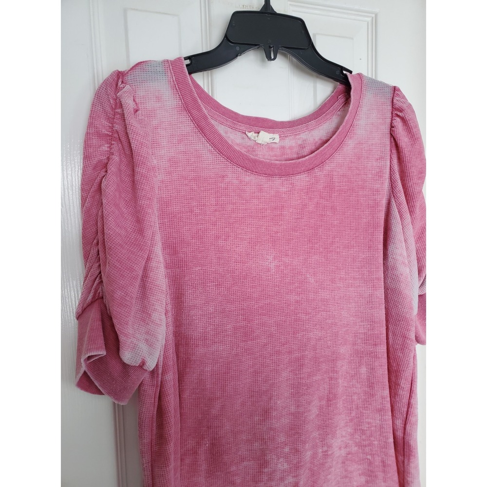 Jane and Delancey Top Pink Acid Wash Waffle Knit Puff Sleeve Blouse Large